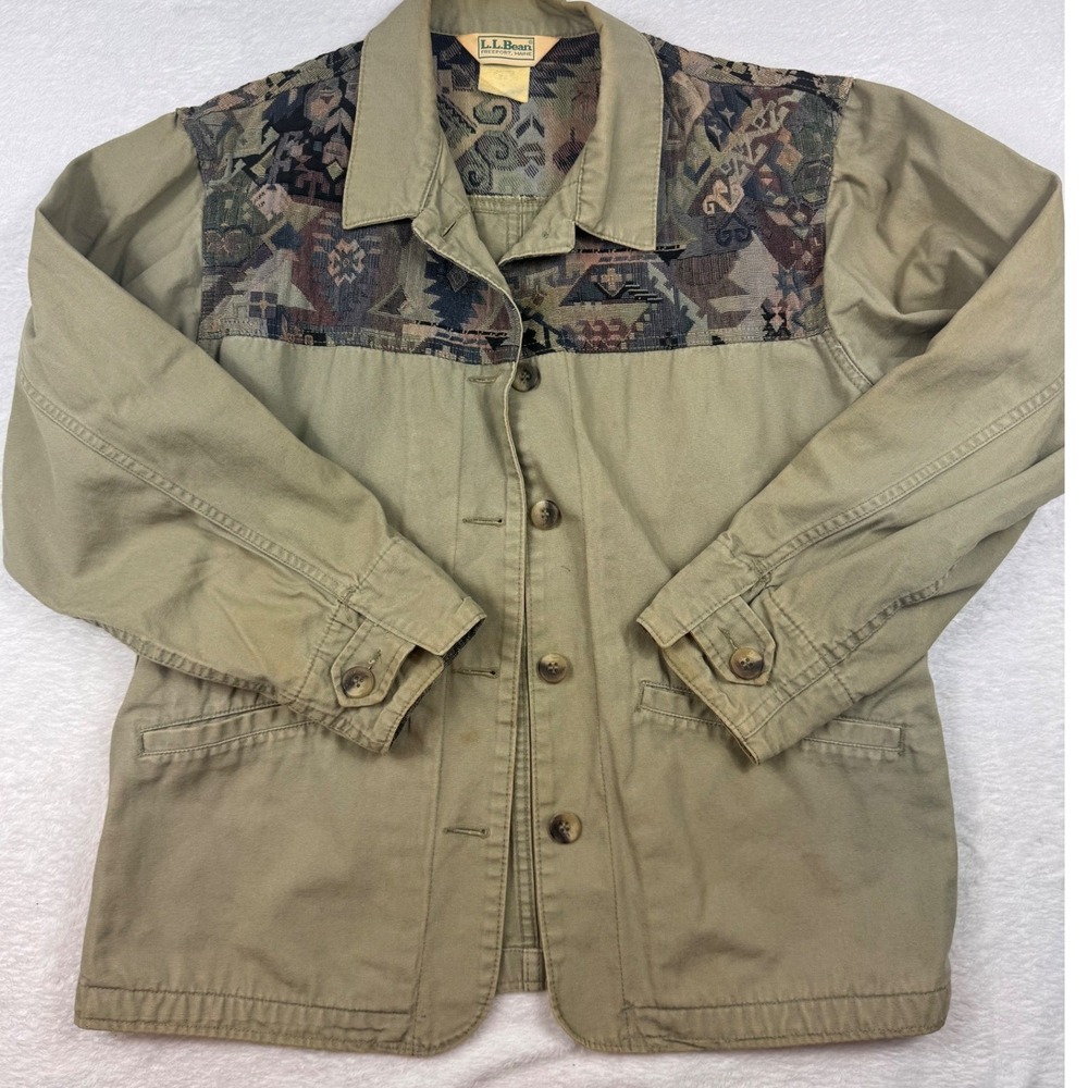 L.L. Bean Vintage Khaki Field Jacket Southwestern Tapestry Yoke Chore Coat M